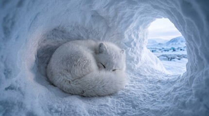 Naklejka premium Arctic fox curled and sleeping inside snowy hollow with soft white fur against icy walls, serene winter shelter scene in remote cold landscape