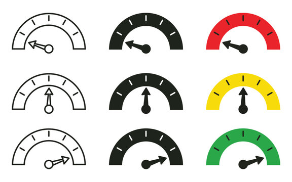 Dashboard gauge and speedometer icon set featuring colorful indicators for performance monitoring and measurement concepts.