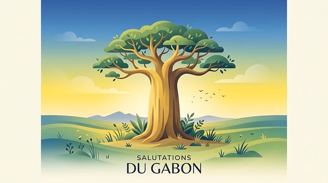 Baobab tree with exquisite vector artwork, basic greeting wording, and subdued Gabon flag colors