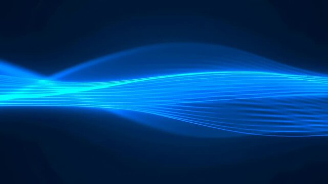 Blue glowing light waves flow and oscillate horizontally on a dark background. Futuristic digital backdrop inspired by fluid motion and energy flow.