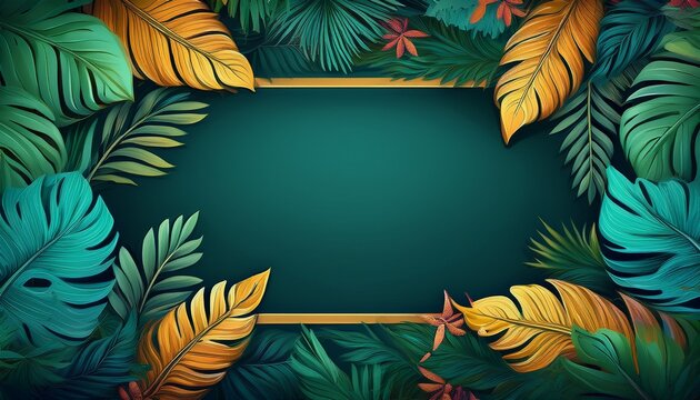 Exotic Tropical Leaf And Frower Border Background In Greeting Template