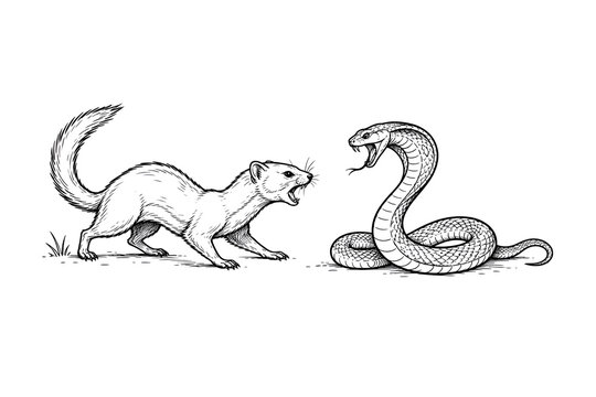 Mongoose vs Cobra Snake Face Off &ndash; Wildlife Predator and Venomous Reptile Line Art Illustration