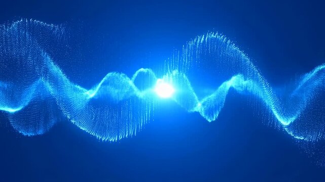 Blue and cyan glowing particles flow and oscillate in smooth wave patterns across a dark blue gradient background. Smooth animated scene for visual effects and media presentations.