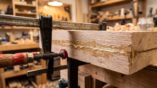 Close up of heavy duty bar clamps securing glued oak wood boards together with glue squeeze out in a craft workshop