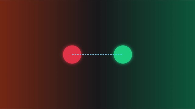 Red and green glowing circles connected by a dashed line abstract 4k background, animation connection