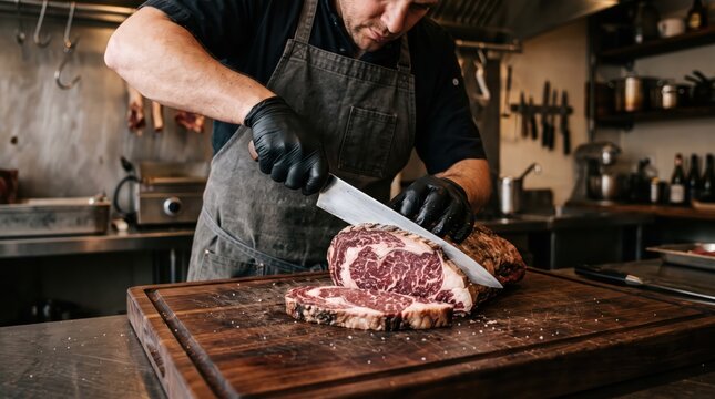 Chef slicing thick marbled steak on wooden board in professional kitchen, close up of knife cutting meat showing texture, craftsmanship and food preparation