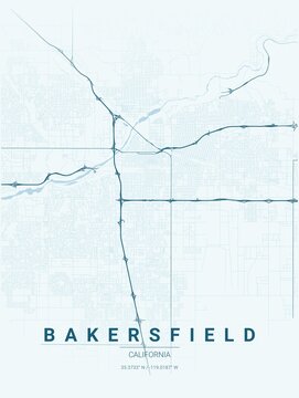 Modern Bakersfield City Map Poster Design, Ocean Style Urban Street Grid Cartography