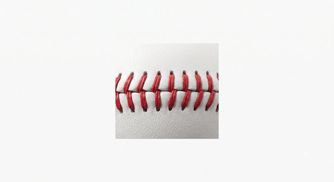 Extreme macro of a professional baseball. Perfect red waxed thread stitching on pristine white full-grain leather, isolated on white.