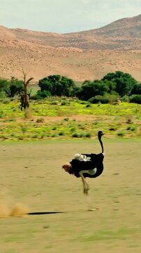 Large ostrich running fast across dry savanna plain with dust kicking up in desert wilderness
