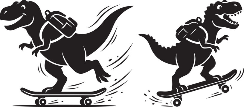 Two cartoon dinosaurs skateboarding wearing backpacks silhouette black vector with t rex dinosaur skateboard backpacker silhouette
