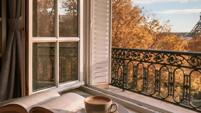 Paris, France, Europe. A vivid, sunlit scene depicts a cozy living room with a view of the Eiffel Tower. The room features a window with white shutters, a bookshelf filled with books.