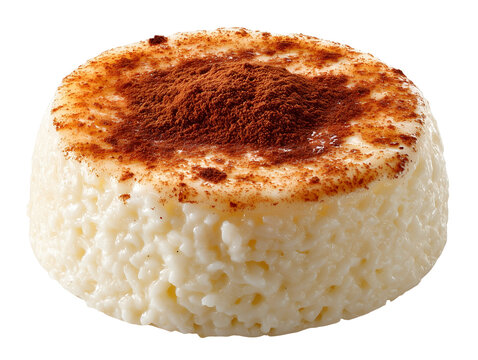 Creamy rice pudding topped with a generous layer of ground cinnamon, molded into a round shape and isolated on a white background.