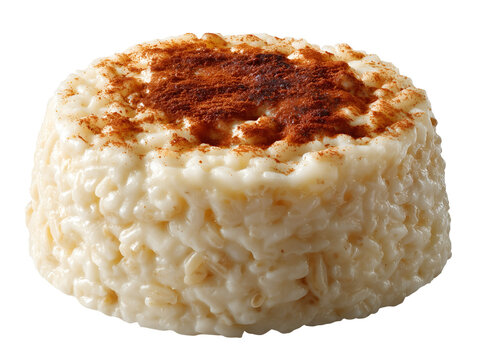 Creamy rice pudding dusted with cinnamon, shaped into a neat round serving and isolated on a white background.