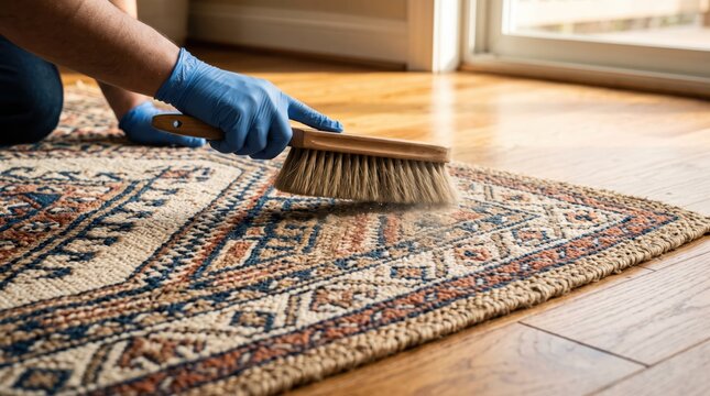 Closeup of gloved hands brushing patterned rug on hardwood floor near sunlit door for carpet cleaning and careful home maintenance of woven fibers