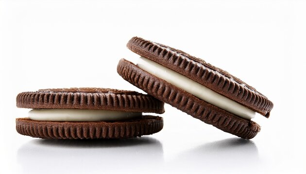 chocolate sandwich cookies with milk cream filling isolated on white background perfect for packaging and branding visuals