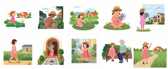 Naklejka premium Set of flat vector illustrations of a cute little girl in a pink dress and sun hat playing in the garden, picking flowers, and enjoying various outdoor nature activities.