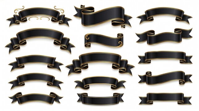Set of Elegant Black Ribbon Banners with Gold Trim, Isolated Transparent Background, Luxury Decorative Scrolls for Graphic Design, Festive Event Invitations, and Stylish Web Branding Elements