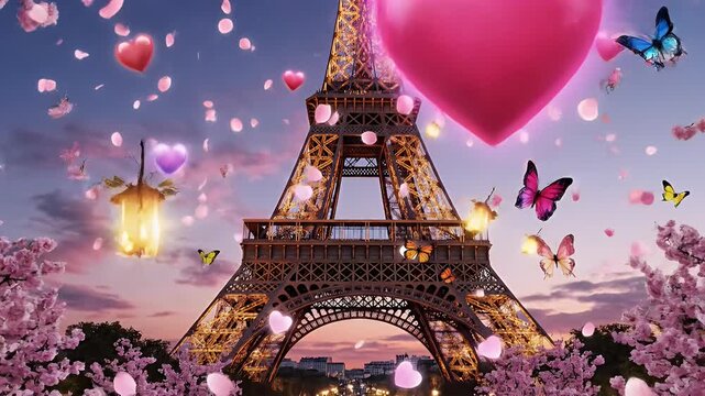 Romantic Fantasy of Parisian Eiffel Tower Adorned with Hearts and Falling Petals
