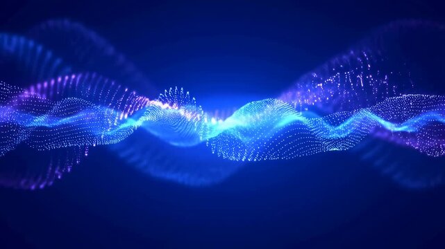 Flowing waves of glowing blue and purple particles oscillate smoothly across a dark blue gradient background. Layered composition combines particle waves and flowing dots with motion.