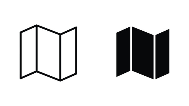 Trifold brochure or map icon set in outline and solid black style for travel and marketing design