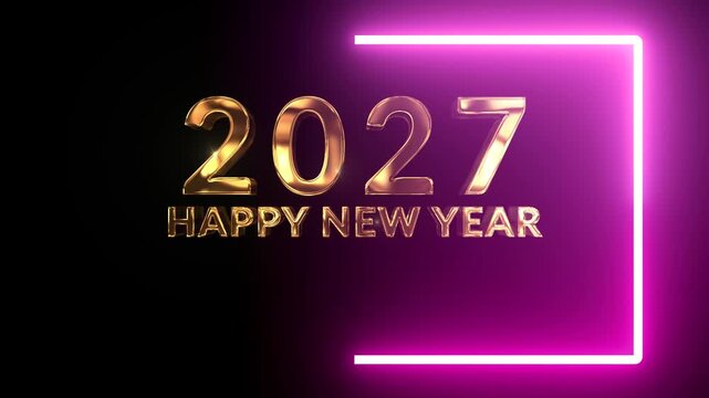Futuristic neon glowing 2027 countdown loop for party and stage background,Dynamic equalizer and colorful abstract lights for happy new year event Happy New Year 2027 golden text animation with sparkl