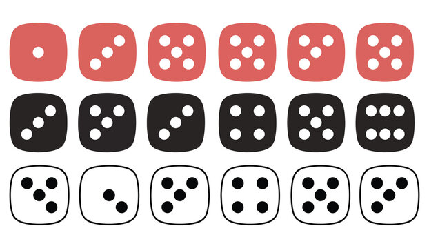 casino dice icon collection, featuring red, black, and white dice with one to six dot faces, game symbols, editable vector illustration bundle for gambling, board games, and entertainment graphics.