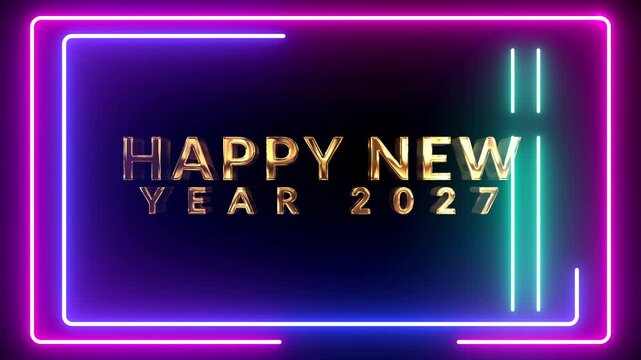 Futuristic neon glowing 2027 countdown loop for party and stage background,Dynamic equalizer and colorful abstract lights for happy new year event Happy New Year 2027 golden text animation with sparkl