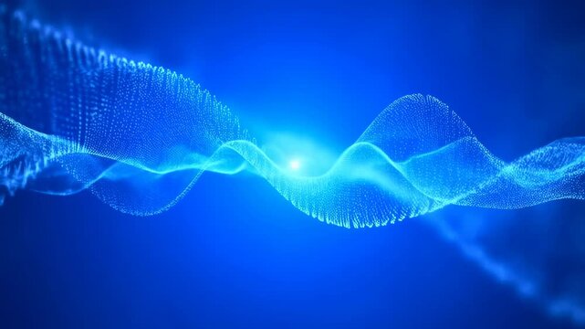 Glowing blue particle wave flows and pulses smoothly across a blue gradient background. Soft light effects create a fluid digital energy atmosphere with continuous motion and depth.