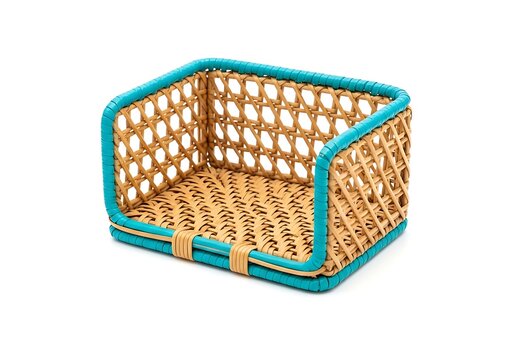Decorative woven rattan storage basket with bright blue trim detail for home organization