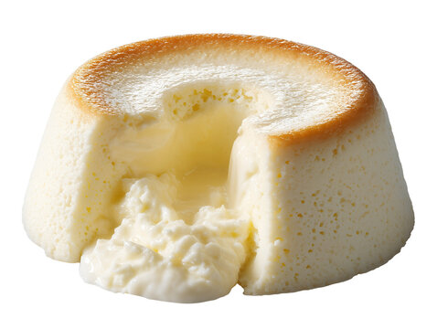 Custard lava pudding with a soft vanilla exterior and rich flowing custard center, isolated on a white background.