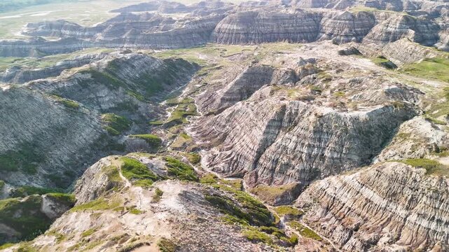 Scenic summer aerial panorama of Horsethief Canyon Alberta with layered rock formations