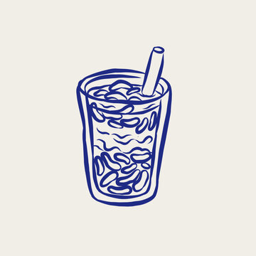 Traditional Indonesian Es Cendol Ice Dawet Dessert Beverage Hand Drawn Monoline Line Art Doodle Illustration
