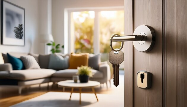 a close up of a key inserted into a door lock opening a bright modern living room background for real estate purchases rentals and interior design suitable for banners and posters