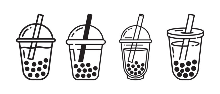 Bubble Tea Icon Set, Boba Milk Tea, Tapioca Pearl Drink, Takeaway Cup and Asian Beverage Vector Collection.