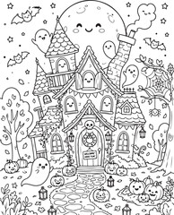 Naklejka premium Whimsical Black-and-White Halloween-Themed Haunted Mansion with Friendly Ghosts, Jack-O'-Lanterns, and Playful Decorations