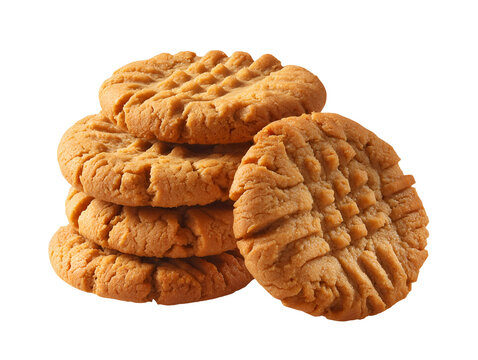 Stack of homemade peanut butter cookies with classic fork-pressed pattern, isolated on a white background.