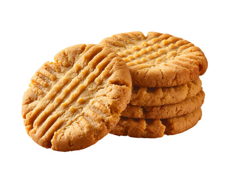 Stack of peanut butter cookies with classic fork-pressed texture, isolated on a white background.