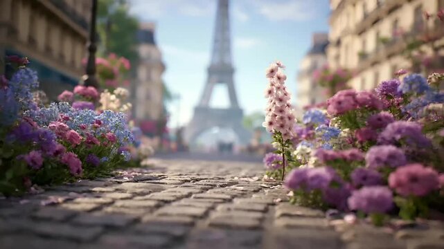 Paris, France, Europe. A vivid portrayal of the Eiffel Tower in Paris, France, bathed in soft, golden light. The foreground features a cobblestone path lined with pink, purple, and blue flowers.
