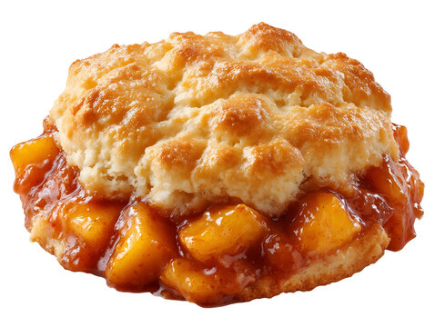 Homemade peach cobbler with juicy cinnamon peach filling and fluffy golden biscuit topping, isolated on a white background.