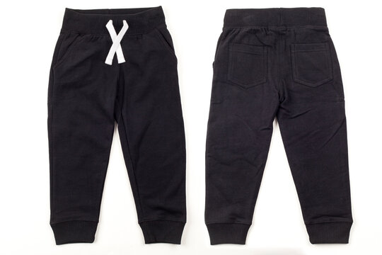 Black Kids Joggers Front and Back View on White Background, Children's Comfortable Cotton Sweatpants