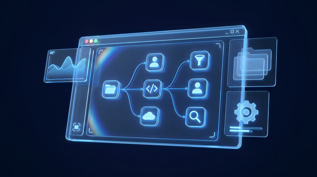 Abstract glass interface for data organization and code management showing folder icons cloud storage and user profile nodes on floating dark background for software design projects.