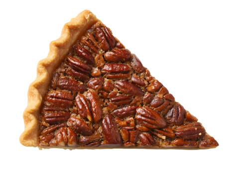 Slice of pecan pie with crunchy caramelized pecan topping and flaky crust, isolated on a white background.