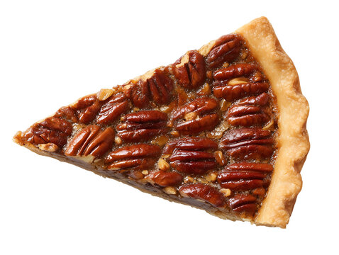 Slice of pecan pie topped with whole pecans and rich caramel filling in a flaky buttery crust, isolated on a white background.