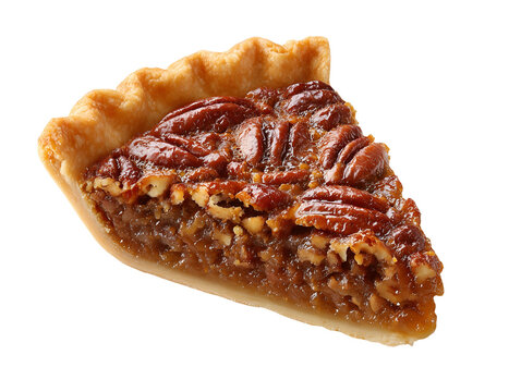 Slice of pecan pie with rich caramel filling, crunchy pecans, and a flaky buttery crust, isolated on a white background.