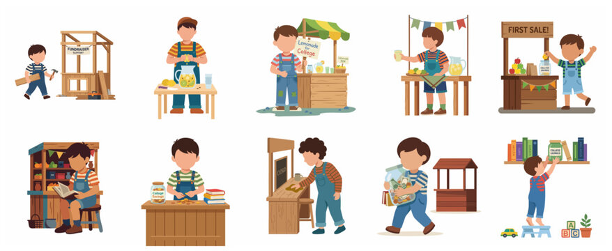 Cute Boy Entrepreneur Set Running Lemonade Stand and Saving Money for College Fund Illustration