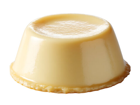 Smooth vanilla pudding with a silky creamy texture, isolated on a white background with a glossy finish and soft custard appearance.