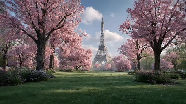 Paris, France, Europe. A vivid portrayal of the Eiffel Tower in Paris, France, bathed in the soft light of the rising sun. The scene is set in a lush.