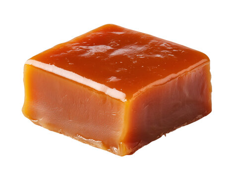 Glossy caramel toffee cube with a smooth buttery texture, isolated on a white background.