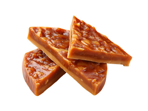 Three buttery toffee bars with crunchy nut pieces and rich caramel flavor, isolated on a white background.