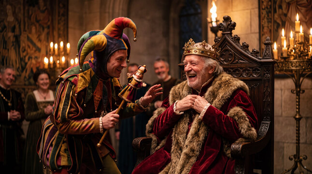A medieval court jester in a colorful costume performs for a laughing king wearing a crown and fur robes in a grand castle hall with candlelight